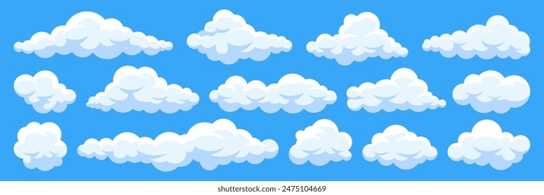 Set of cartoon cloud in a flat design. Fluffy white cartoon clouds in blue sky vector set. Cloudy day heaven. Cartoon cloudy fluffy illustration