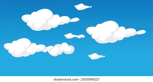 Conjunto de nube de dibujos animados en un diseño plano. Nubes blancas mullidas de la historieta en sistema azul del Vector del cielo. Cielo de día nublado. Ilustración mullida nublada de dibujos animados