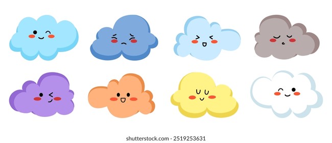 Set of cartoon cloud in a flat design with cute facial expression. colorful cloud collection