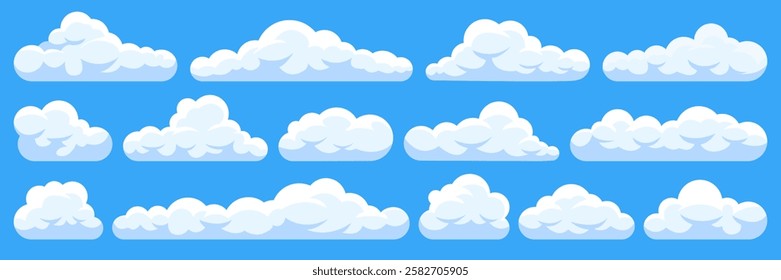 Set of cartoon cloud in a flat design. Fluffy white cartoon clouds in blue sky vector set. Cloudy day heaven. Cartoon cloudy fluffy illustration