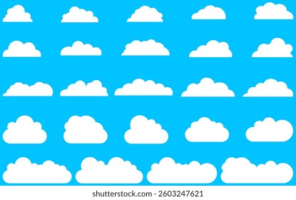 Set of cartoon cloud in flat design. White clouds collection in blue background.