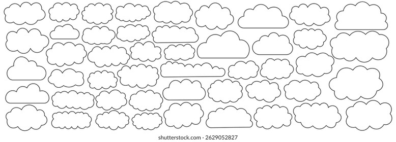 Set of cartoon cloud in a flat design. Black cloud collection. Set of Black cloud icons on a White background. Simple cloud design for weather or sky themes. Sky elements vector set.