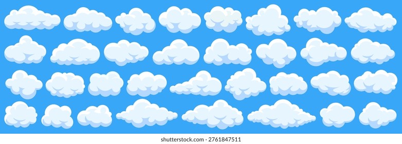 Set of cartoon cloud in a flat design. Fluffy white cartoon clouds in blue sky vector set. Cloudy day heaven. Cartoon cloudy fluffy illustration