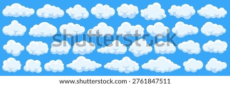 Set of cartoon cloud in a flat design. Fluffy white cartoon clouds in blue sky vector set. Cloudy day heaven. Cartoon cloudy fluffy illustration
