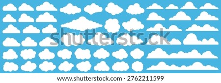 Set of cartoon cloud in a flat design. White cloud collection. Nature sky, cloud pattern, fume or misty fog art. Food smoke, cloud texture, weather element symbol. Blue white clouds icon silhouette.
