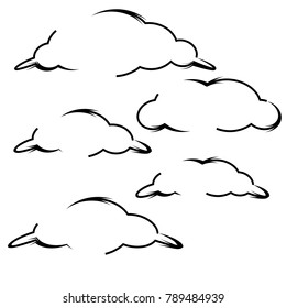 set of cartoon cloud icon design with black outline isolated background