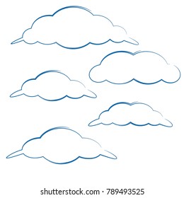 set of cartoon cloud icon design with blue outline isolated on white background