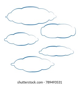 set of cartoon cloud icon design with blue outline isolated on white background