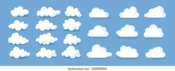 Set of cartoon cloud icon in flat design vector illustration. Isolated on blue background.