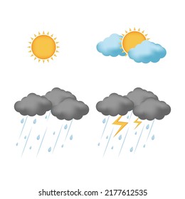 Conjunto de iconos de la nube de dibujos animados aislados en fondo blanco. Diferentes ilustraciones meteorológicas: sol, lluvia, relámpagos, nube .Clouds colección.vector