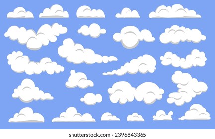 A set of cartoon cloud illustrations set against a blue sky background. Creative modern concept flat design for card, presentation, editing, game