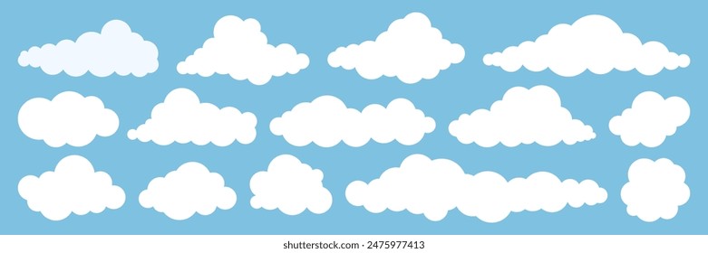 Set of cartoon cloud line in a flat design. White cloud collection.