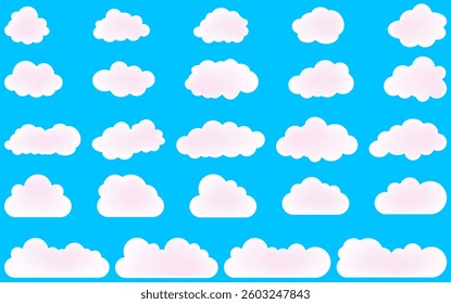 Set of cartoon cloud with mesh gradient. White clouds collection in blue background.