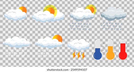 Set of cartoon cloud with various weather conditions in a flat design. White cloud collection on gray and transparent background.