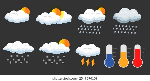 Conjunto de nuvem de desenho animado com várias condições climáticas em um design plano. Coleção de nuvens brancas sobre fundo cinza e transparente.