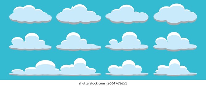 Un conjunto de Vectores de nubes de dibujos animados. Diseño de la nube con un fondo azul del cielo. Tema de la nube de verano.