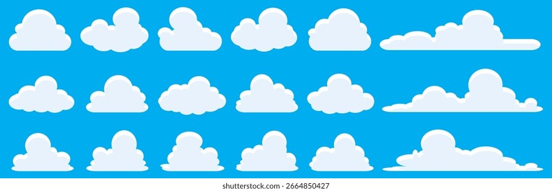 Um conjunto de vetores de nuvem de desenho animado. Design de nuvem com um fundo de céu azul. Tema da nuvem de verão.