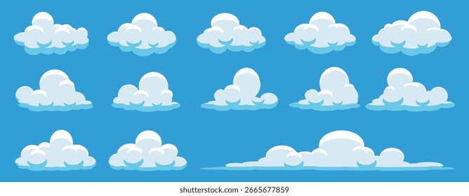 A set of cartoon cloud vectors. Cloud design with a blue sky background. Summer cloud theme.
