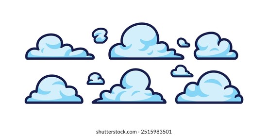 Set of Cartoon Cloud Weather vector illustration on a blue background. Vector fluffy clouds for sky landscape. Weather elements