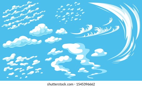 Set cartoon clouds in blue panorama sky. Isolated vector illustration.