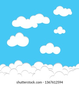 Set of cartoon clouds, blue sky with clouds, vector illustration.