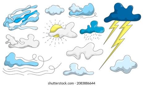 Set of cartoon clouds of different shapes. Hand drawn clouds, sun and weather patterns for illustration decoration. Isolated vector on white background