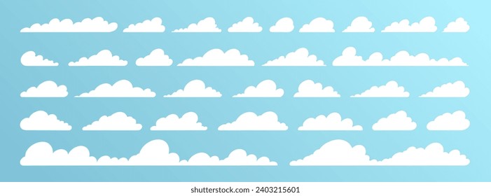 Set of cartoon clouds in flat design. Collection of white tilted clouds on a blue background.