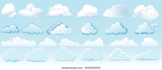 Set of cartoon clouds in flat design. Collection of different clouds with gradients for design.