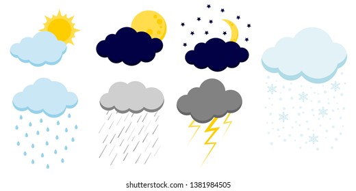Set of cartoon clouds icons isolated on white background. Illustration of different weather: sun, rain, shower, lightning, snow, full and rising moon with stars. Clouds vector collection in flat style