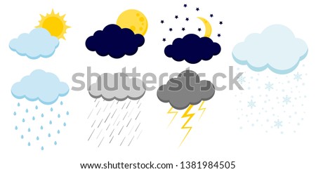 Set of cartoon clouds icons isolated on white background. Illustration of different weather: sun, rain, shower, lightning, snow, full and rising moon with stars. Clouds vector collection in flat style