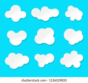 Set of cartoon clouds isolated on a blue background. paper art vector illustration.