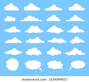 Set of cartoon clouds, isolated on blue background. Vector illustration.