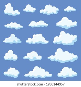 Set of cartoon clouds isolated on blue background. White fluffy vapors illustrations in 2d style. Calm atmosphere, bright blue sky, heaven. Nature, weather concept for adverts or banners design