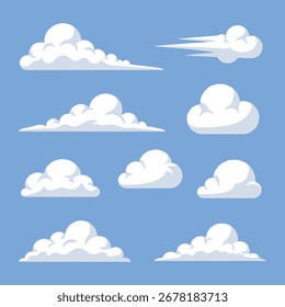 Conjunto de nubes de dibujos animados sobre un fondo de cielo azul. Colección de varias Formas de nube blanca para la Ilustración vectorial de diseño de Climas.