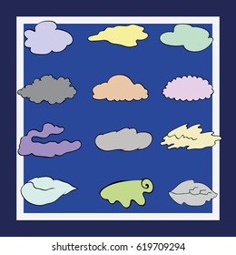 Set of cartoon clouds on a blue background. The sky is a flat collection of illustrations for web design, art and applications. 