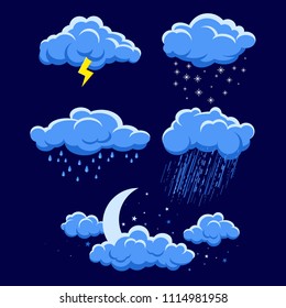 Set Of Cartoon Clouds On Dark Blue Night Sky. Illustration Of Different Weather. Rain, Storm, Lightning, Snow, Moon Light Sky With Stars. Clouds Vector Collection. Cloudscape In Dark Blue Sky