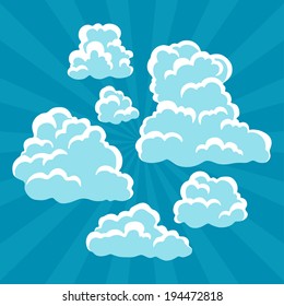 Set of cartoon clouds on sky and rays.