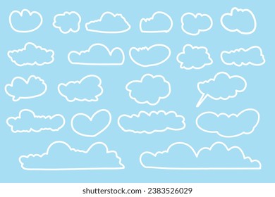Set Cartoon Clouds Outline Style Isolated in Blue Bakkground