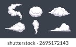 Set of cartoon clouds. Cartoon smoke clouds. Comic smoke flows, dust, smog and smoke steaming cloud silhouettes isolated vector illustration set. 