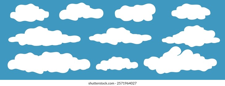 Set of cartoon clouds. White cloud set isolated in flat design on blue sky background. Vector illustration weather element or pattern art.