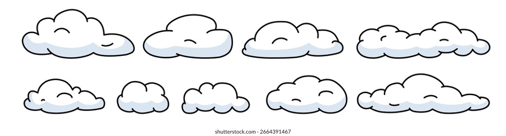 Conjunto de nuvens de desenhos animados. Nuvens brancas macias. Vetor