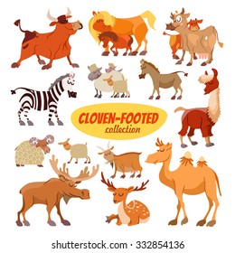 Conjunto de dibujos animados de los animales de pie de vaca: toro, caballo, vaca, cebra, oveja, burro, lama, cabra, camello, alce, ciervo.Icono aislado sobre fondo blanco