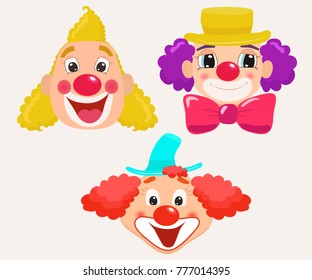 Set of cartoon clown faces. Vector illustration.