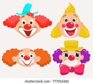 Set of cartoon clown faces. Vector illustration.