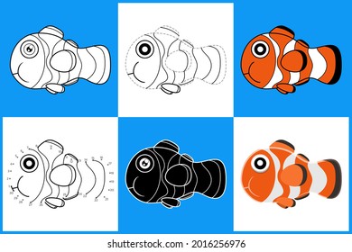 Set of cartoon CLOWNFISH in 6 styles, Vector illustration
