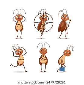 Set Of Cartoon Cockroach Characters Showing Different Emotions And Actions. Vector Illustrations Feature Funny Pests