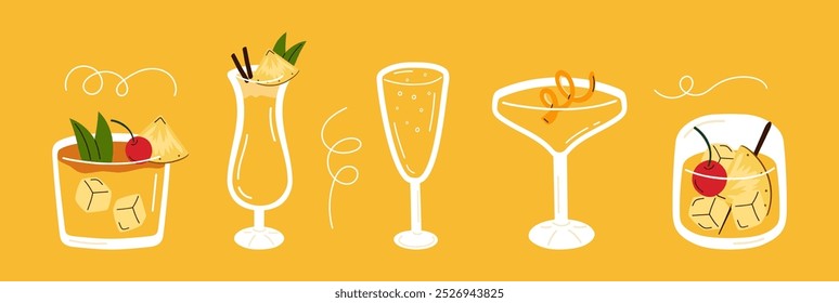 Set of cartoon cocktails on yellow background. Colourful hand drawn drinks in different types of glasses. Vector illustration of tropical drinks.