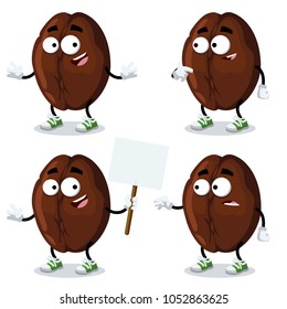 set of cartoon coffee bean mascot on white background
