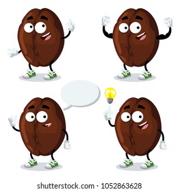 set of cartoon coffee bean mascot on white background
