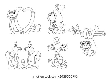 Set cartoon color book character Valentines day snake hand drawn